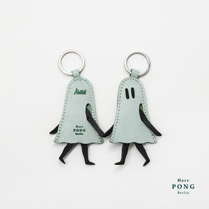 White Wax Aqua Little Ghost Leather Keychain with Evening Print