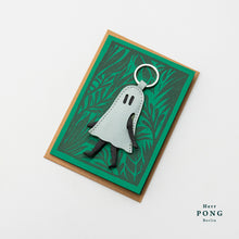 Load image into Gallery viewer, White Wax Aqua Little Ghost Leather Keychain with Evening Print
