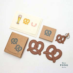 Leather Pretzel Coasters x2 in Gift Box + Leather Pretzel Key Ring x 1 + Greeting card Gift set