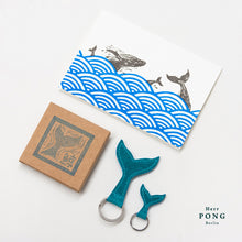 Load image into Gallery viewer, The Whale Tail Leather Keychain Pair (1 Big + 1 small )  + Riso Print Greeting Card