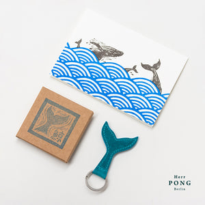The Whale Tail Leather Keychain + Risograph Print Greeting Card