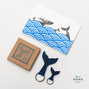 The Whale Tail Leather Keychain Pair (1 Big + 1 small )  + Riso Print Greeting Card