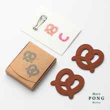 Load image into Gallery viewer, Leather Pretzel Coasters x2 in Gift Box + Linocut Greeting Card