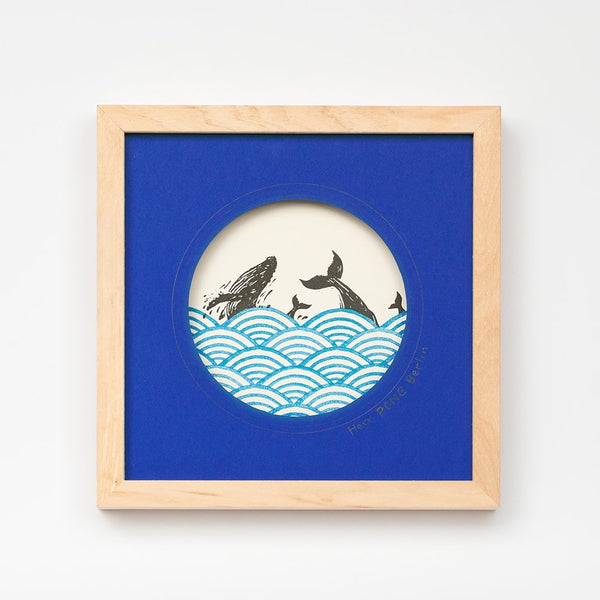 Whales in Ocean Linocut Art Print in solid Bass Wood frame
