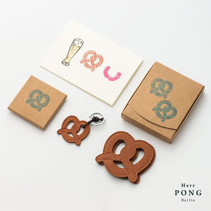 Leather Pretzel Coasters x2 in Gift Box + Leather Pretzel Key Ring x 1 + Greeting card Gift set