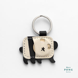 Mini-Panda (rechte Seite) Leder-Schlüsselanhänger + handgestempeltes Grußkarten-Geschenkset