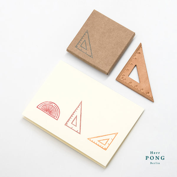Vegetable tanned Leather Triangle Ruler + linocut greeting card