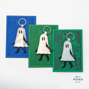 White Wax Aqua Little Ghost Leather Keychain with Evening Print