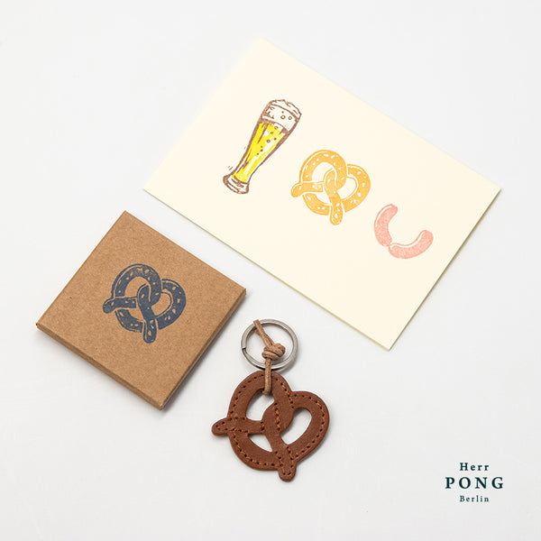 Mini-Brezel-Schlüsselanhänger aus Leder x 1 + Grußkarten-Geschenkset