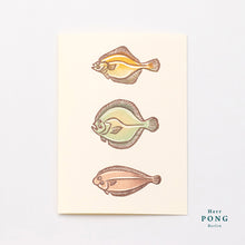 Load image into Gallery viewer, Turbot flat fish keychain + linocut print greeting card
