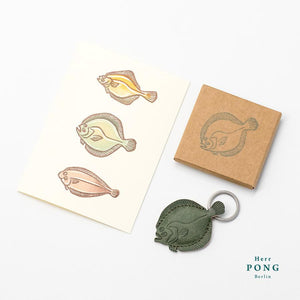 Turbot flat fish keychain + linocut print greeting card