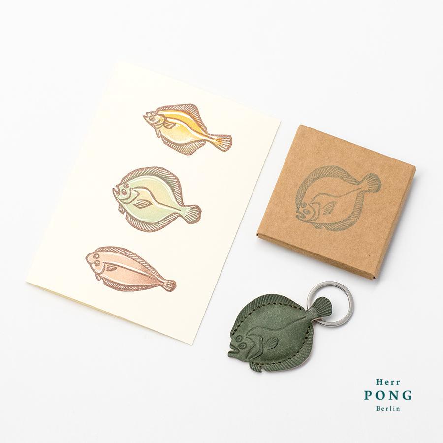 Steinbutt Plattfisch Schlüsselanhänger + Grußkarte mit Linoldruck