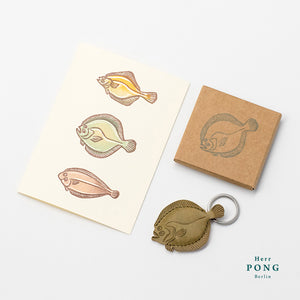 Turbot flat fish keychain + linocut print greeting card